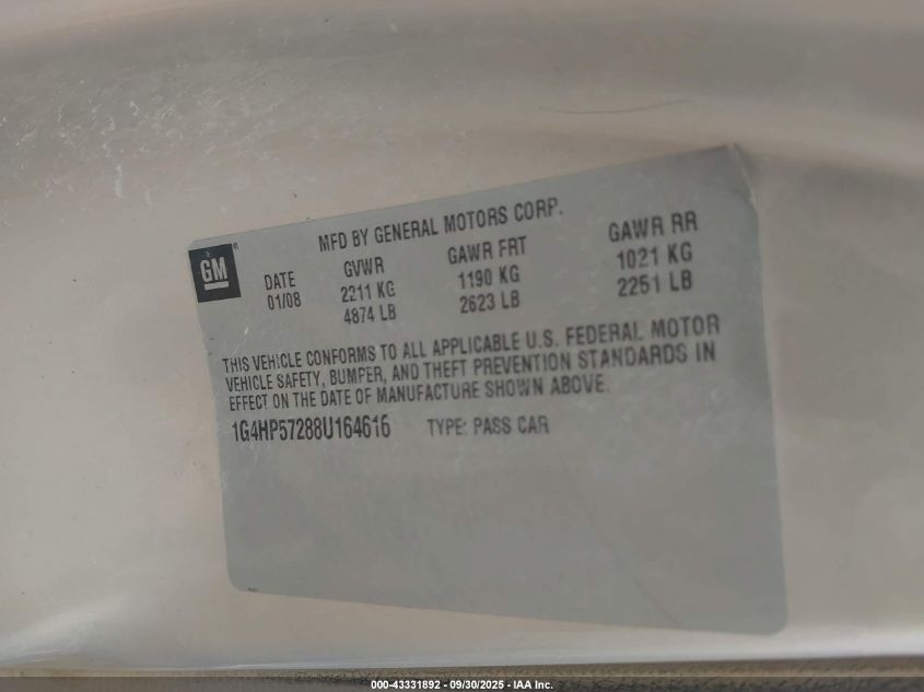 2008 Buick Lucerne Cx VIN: 1G4HP57288U164616 Lot: 43331892