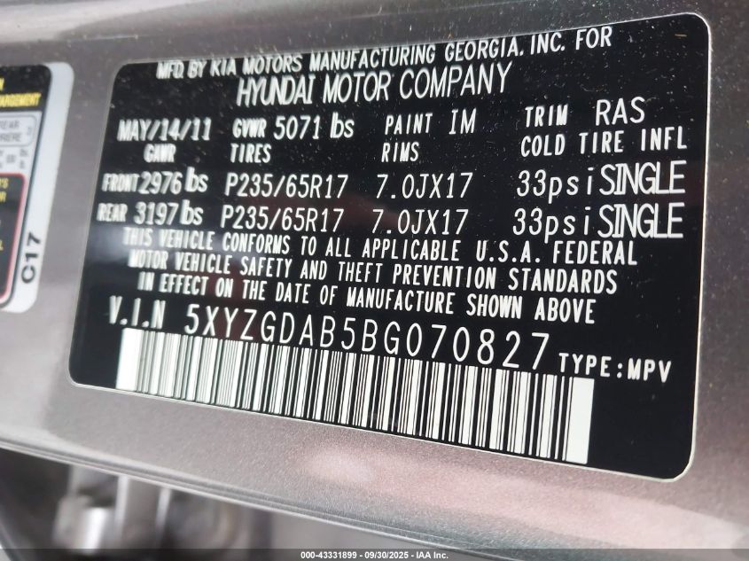 2011 Hyundai Santa Fe Gls VIN: 5XYZGDAB5BG070827 Lot: 43331899