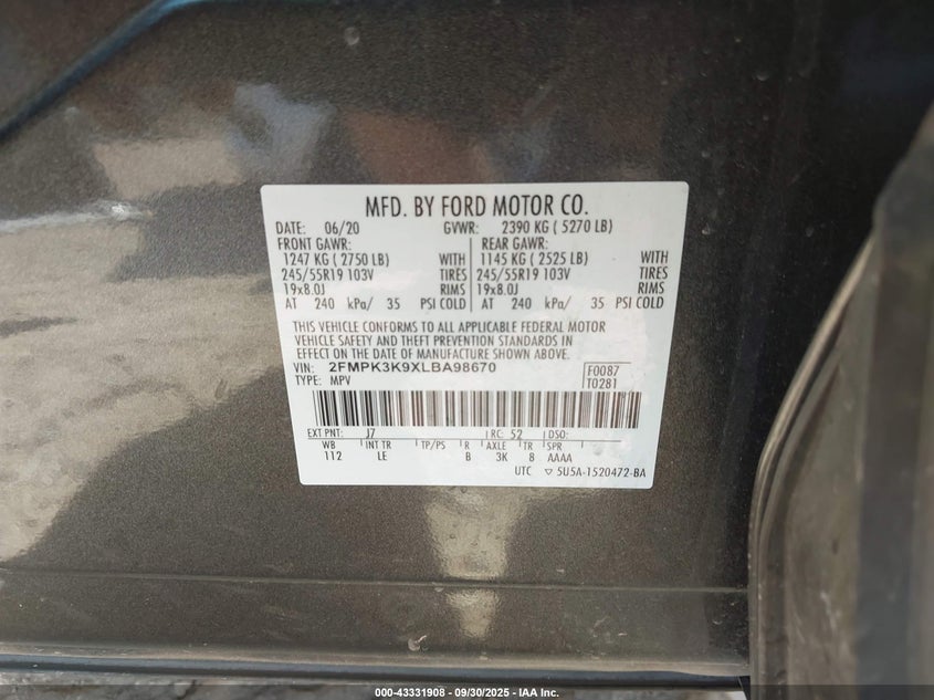 2020 FORD EDGE TITANIUM - 2FMPK3K9XLBA98670