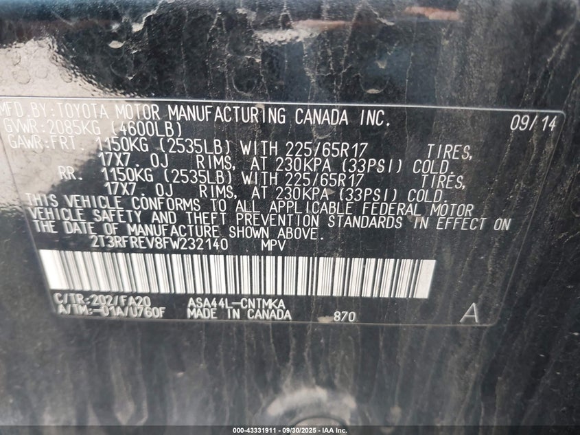 2015 Toyota Rav4 Xle VIN: 2T3RFREV8FW232140 Lot: 43331911