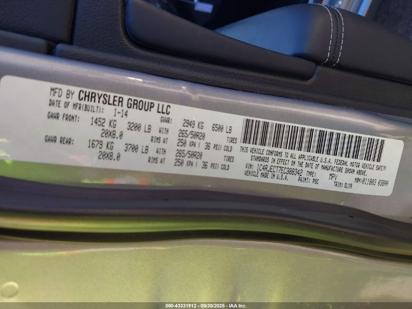 2014 Jeep Grand Cherokee Overland VIN: 1C4RJECT7EC388342 Lot: 43331912