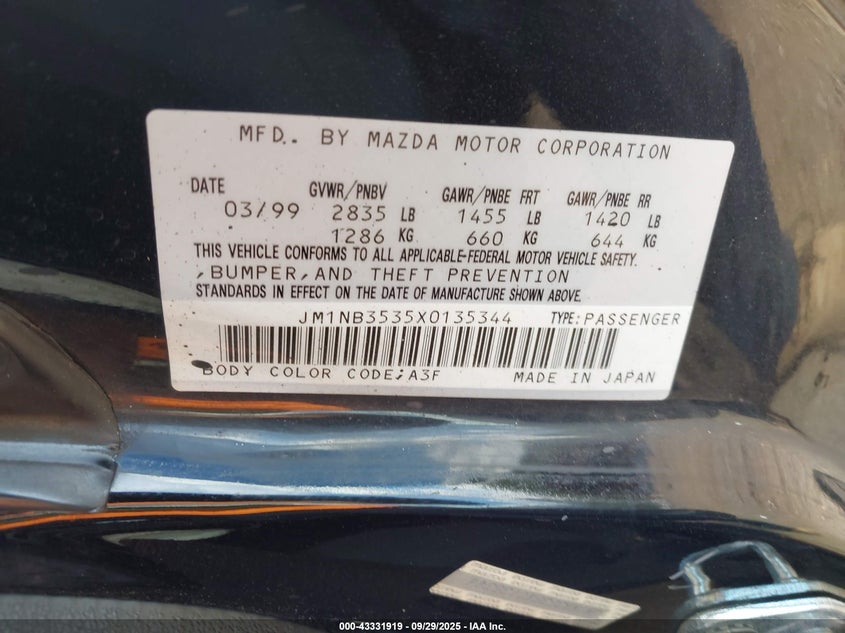 1999 Mazda Mx-5 Miata Leather Pkg/Popular Equipment Pkg/Sports Pkg/Touring Pkg VIN: JM1NB3535X0135344 Lot: 43331919