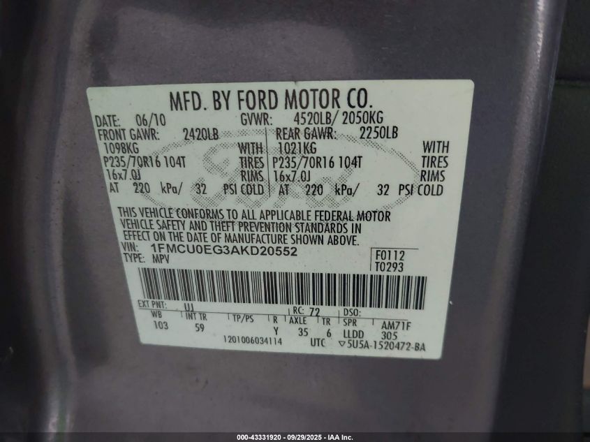 2010 Ford Escape Limited VIN: 1FMCU0EG3AKD20552 Lot: 43331920