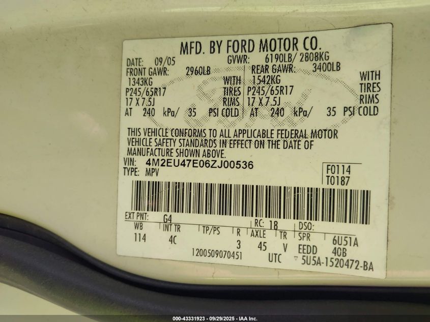 2006 Mercury Mountaineer Luxury VIN: 4M2EU47E06ZJ00536 Lot: 43331923