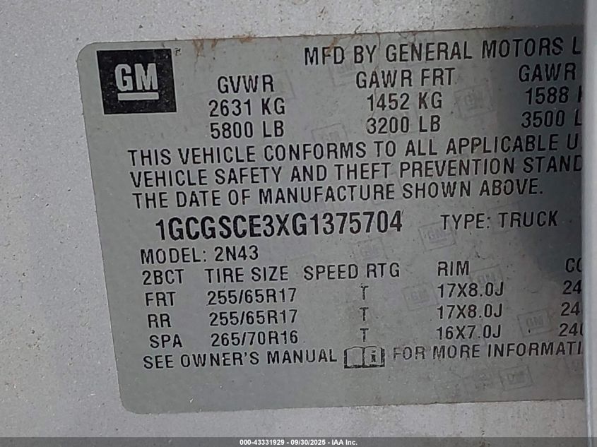 2016 Chevrolet Colorado Lt VIN: 1GCGSCE3XG1375704 Lot: 43331929