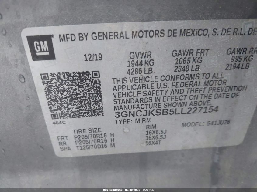 2020 Chevrolet Trax Fwd Ls VIN: 3GNCJKSB5LL227154 Lot: 43331966