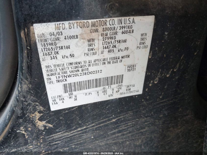 2003 Ford F-250 Lariat/Xl/Xlt VIN: 1FTNW20L23ED02312 Lot: 43331974