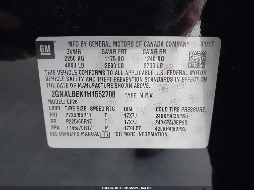 2017 Chevrolet Equinox Ls VIN: 2GNALBEK1H1562708 Lot: 43331983