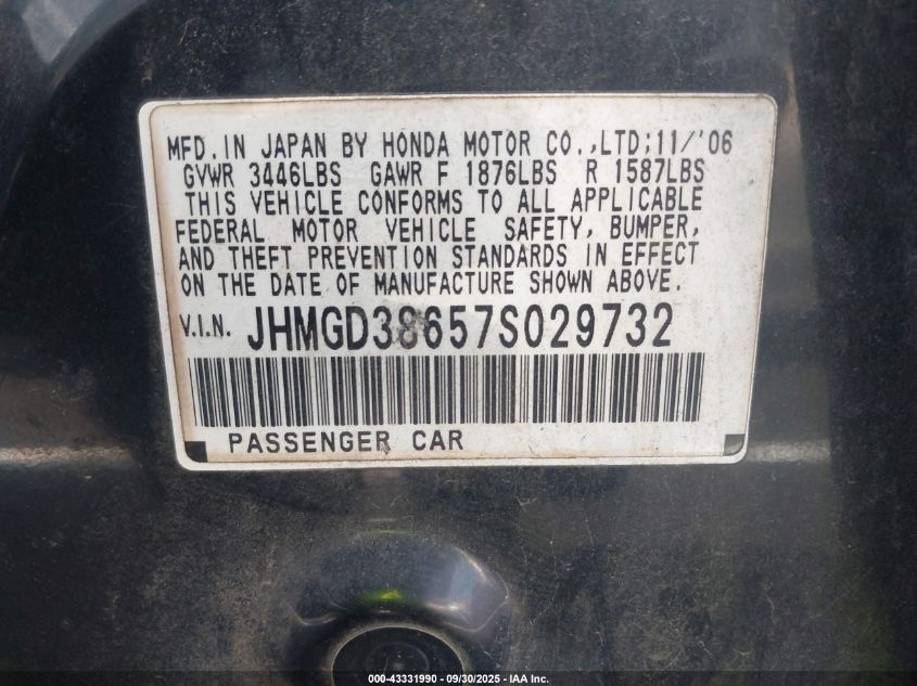 2007 Honda Fit Sport VIN: JHMGD38657S029732 Lot: 43331990