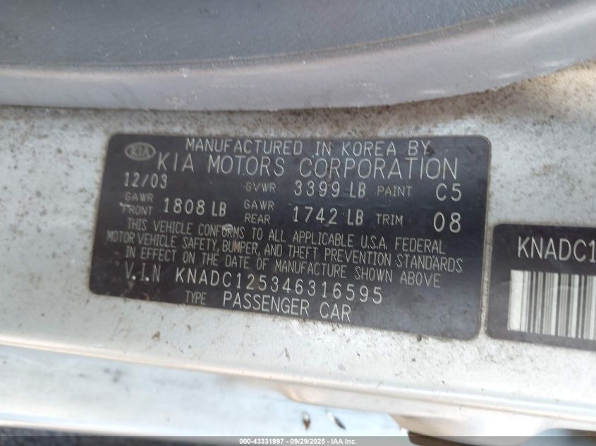 2004 Kia Rio VIN: KNADC125346316595 Lot: 43331997