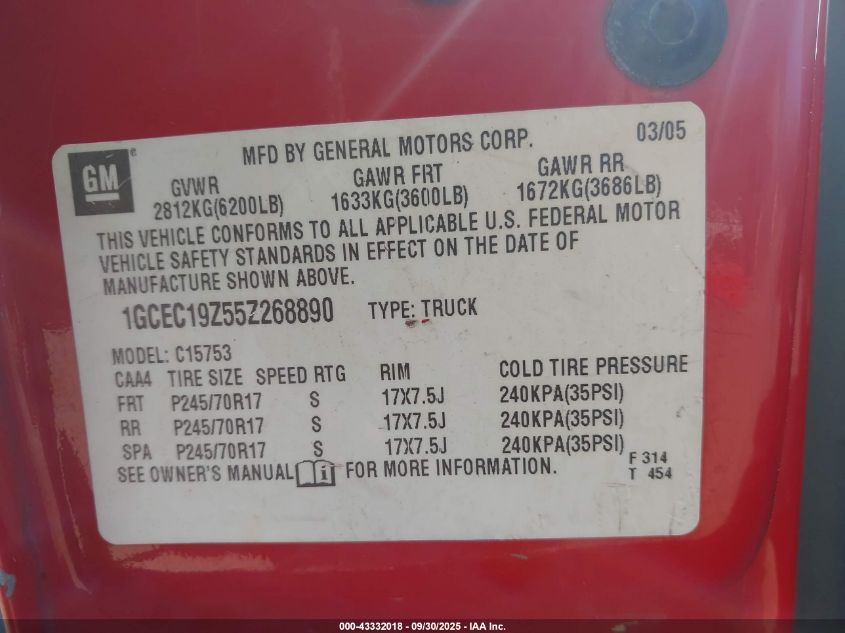 2005 Chevrolet Silverado 1500 Ls VIN: 1GCEC19Z55Z268890 Lot: 43332018