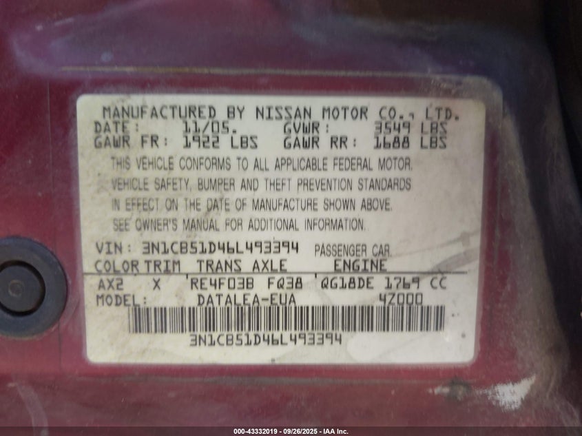 2006 Nissan Sentra 1.8S VIN: 3N1CB51D46L493394 Lot: 43332019