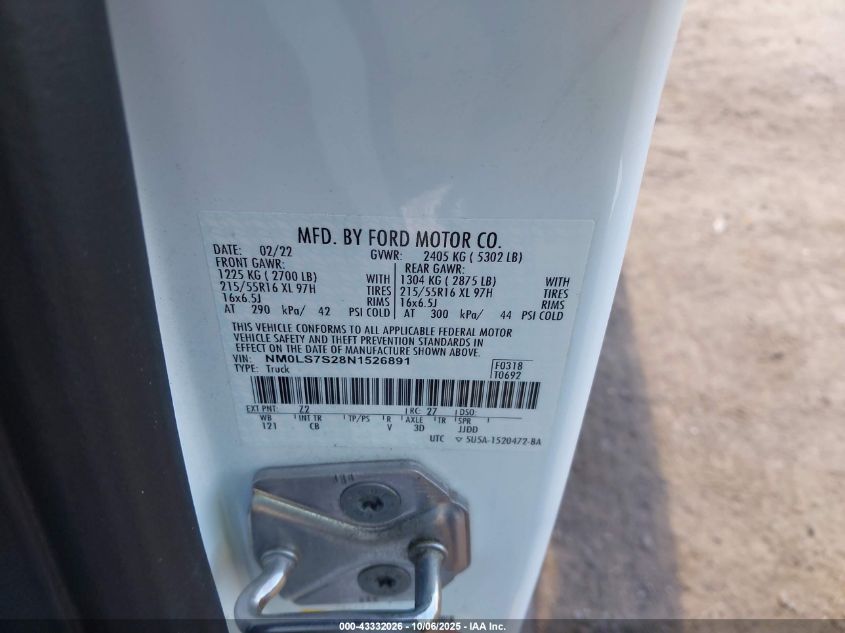 2022 Ford Transit Connect Xl VIN: NM0LS7S28N1526891 Lot: 43332026