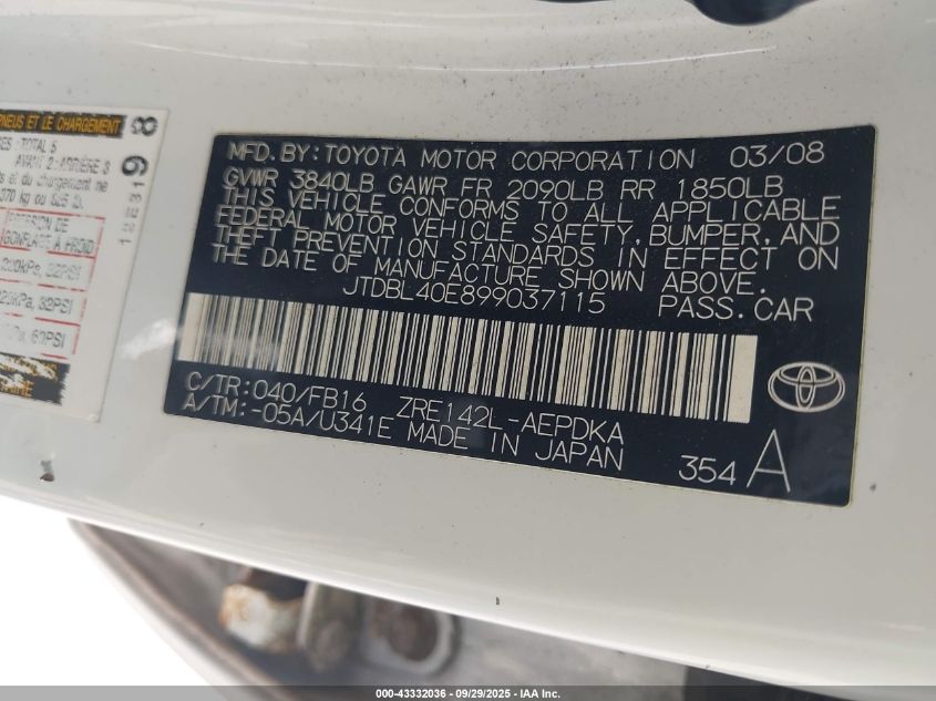 2009 Toyota Corolla Le VIN: JTDBL40E899037115 Lot: 43332036