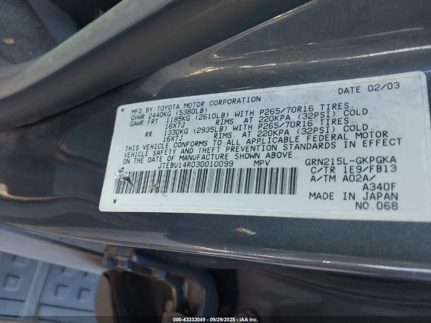 2003 Toyota 4Runner Sr5 Sport V6 VIN: JTEBU14R030010099 Lot: 43332049