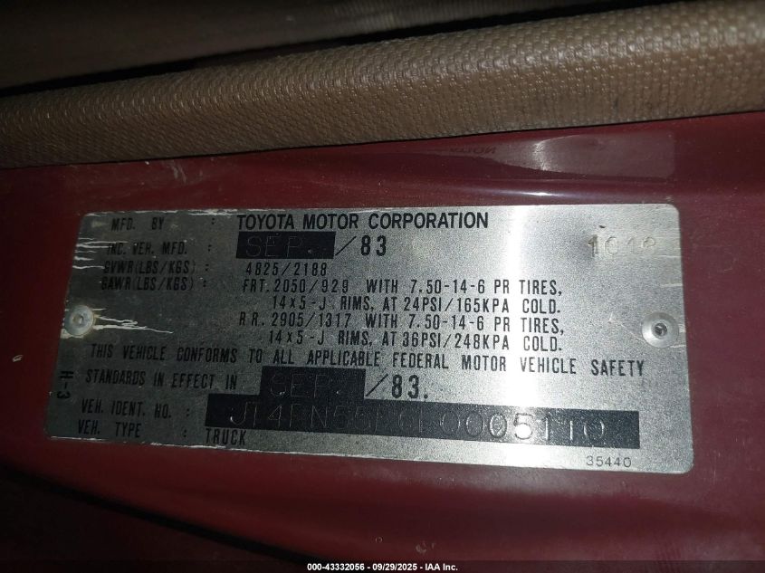 1984 Toyota Pickup 3/4 Ton Long Bed Rn55 VIN: JT4RN55E6E0005110 Lot: 43332056