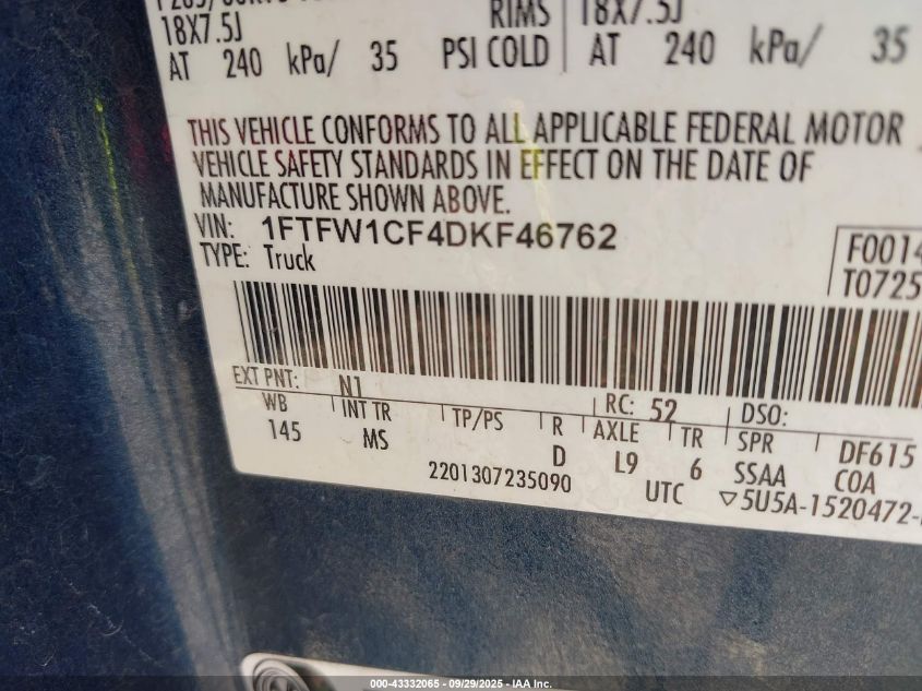 2013 Ford F-150 Xlt VIN: 1FTFW1CF4DKF46762 Lot: 43332065