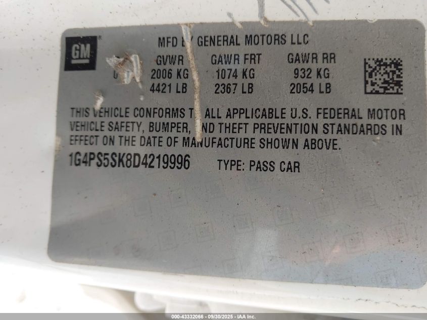 2013 Buick Verano Leather Group VIN: 1G4PS5SK8D4219996 Lot: 43332066