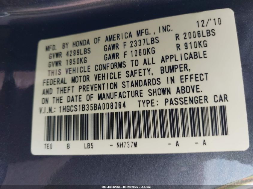 2011 Honda Accord 2.4 Lx-S VIN: 1HGCS1B35BA008064 Lot: 43332068