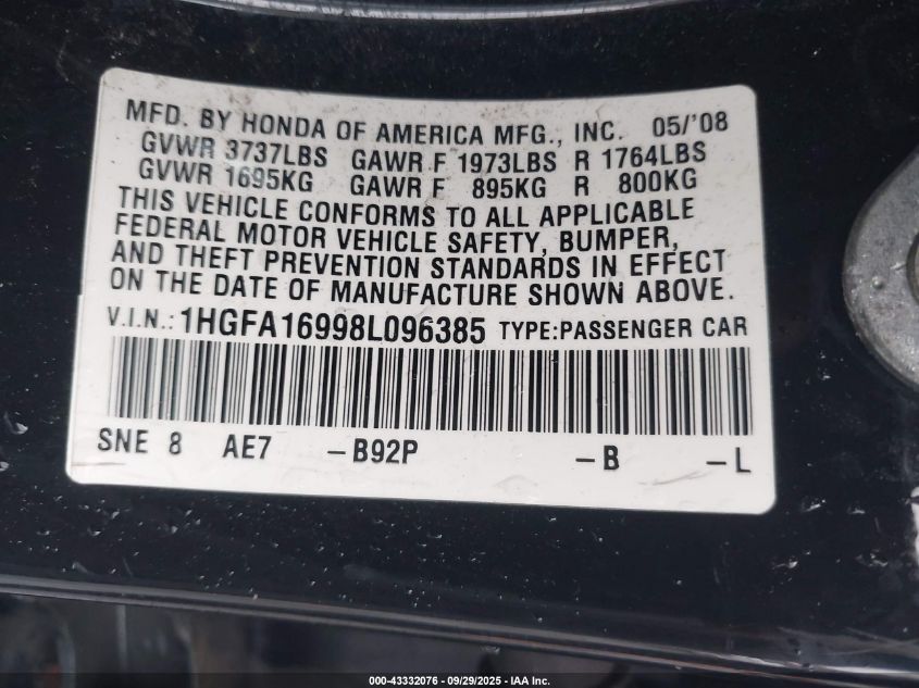2008 Honda Civic Ex-L VIN: 1HGFA16998L096385 Lot: 43332076