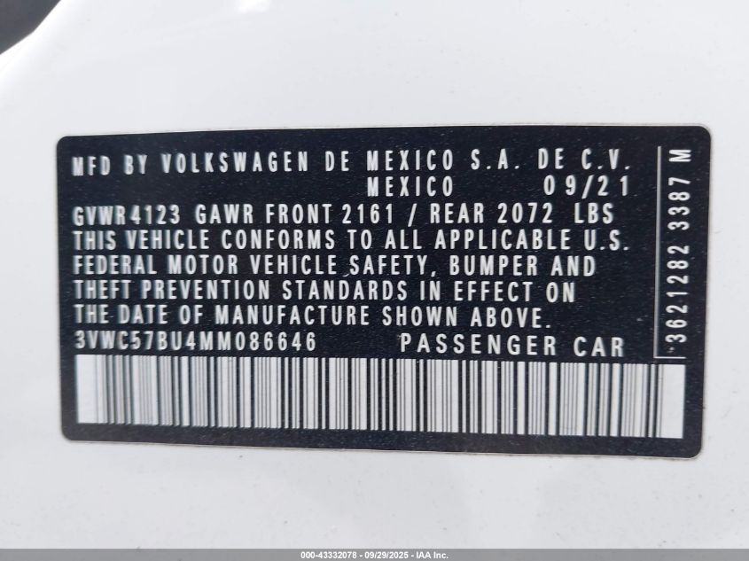 2021 Volkswagen Jetta 1.4T R-Line/1.4T S/1.4T Se VIN: 3VWC57BU4MM086646 Lot: 43332078