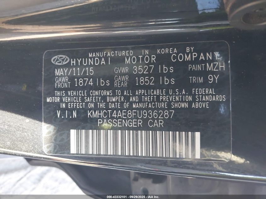2015 Hyundai Accent Gls VIN: KMHCT4AE8FU936287 Lot: 43332101