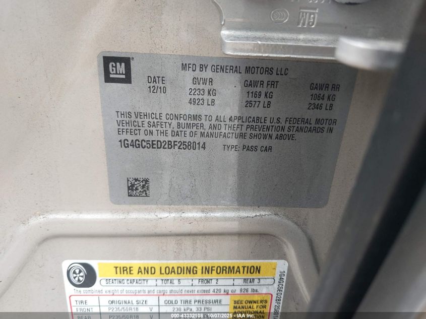 2011 Buick Lacrosse Cxl VIN: 1G4GC5ED2BF258014 Lot: 43332108