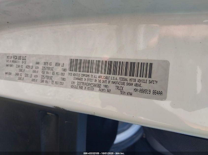 2017 Ram Promaster 1500 Low Roof 136 Wb VIN: 3C6TRVAGXHE500382 Lot: 43332109