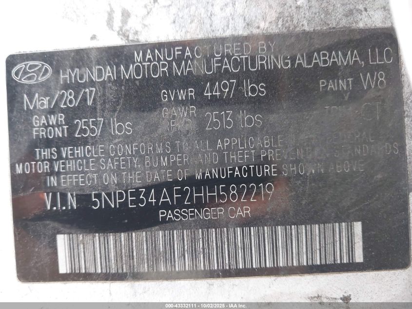 2017 Hyundai Sonata Sport VIN: 5NPE34AF2HH582219 Lot: 43332111