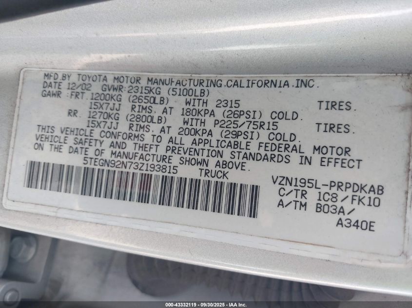 2003 Toyota Tacoma Prerunner V6 VIN: 5TEGN92N73Z193815 Lot: 43332119