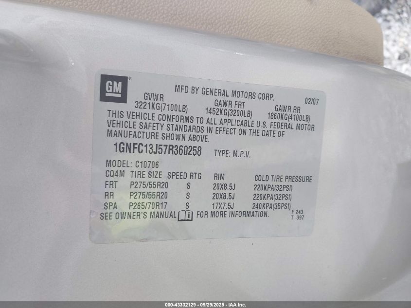 2007 Chevrolet Tahoe Ltz VIN: 1GNFC13J57R360258 Lot: 43332129