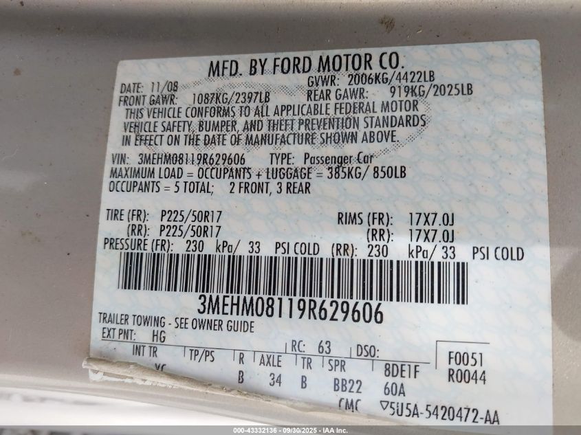 2009 Mercury Milan V6 Premier VIN: 3MEHM08119R629606 Lot: 43332136