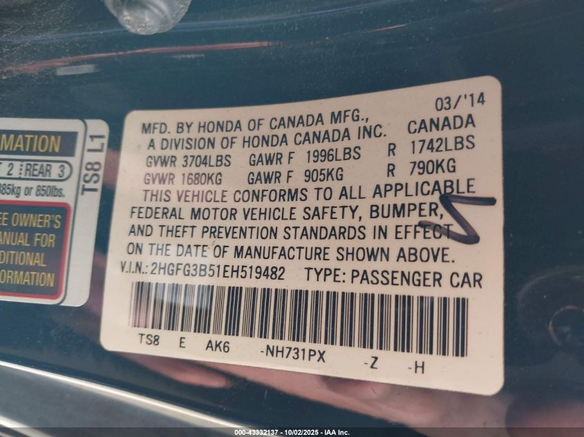 2014 Honda Civic Lx VIN: 2HGFG3B51EH519482 Lot: 43332137