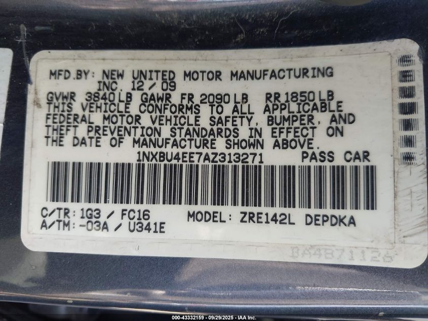 2010 Toyota Corolla Le VIN: 1NXBU4EE7AZ313271 Lot: 43332159