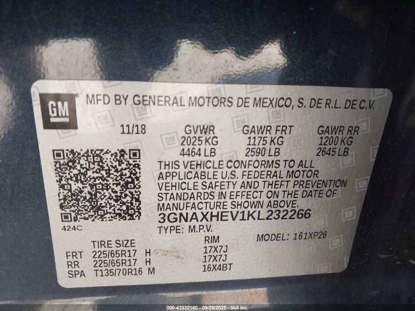 2019 Chevrolet Equinox Ls VIN: 3GNAXHEV1KL232266 Lot: 43332160