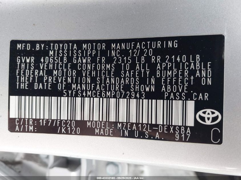 2021 Toyota Corolla Se Nightshade Edition VIN: 5YFS4MCE6MP072943 Lot: 43332165