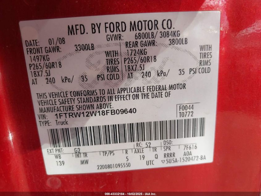 2008 Ford F-150 60Th Anniversary/Fx2/Xl/Xlt VIN: 1FTRW12W18FB09640 Lot: 43332184
