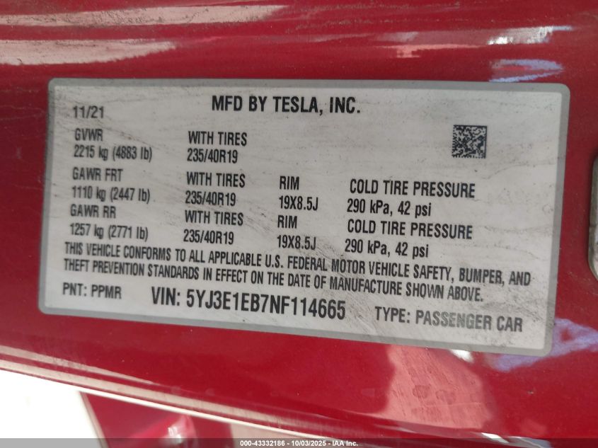 2022 Tesla Model 3 Long Range Dual Motor All-Wheel Drive VIN: 5YJ3E1EB7NF114665 Lot: 43332186