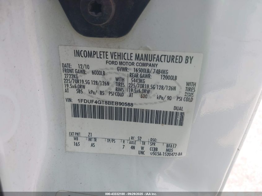 2011 Ford F-450 Chassis Xl VIN: 1FDUF4GT8BEB90588 Lot: 43332188
