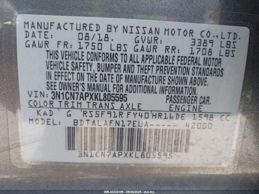 2019 Nissan Versa 1.6 S VIN: 3N1CN7APXKL805595 Lot: 43332199