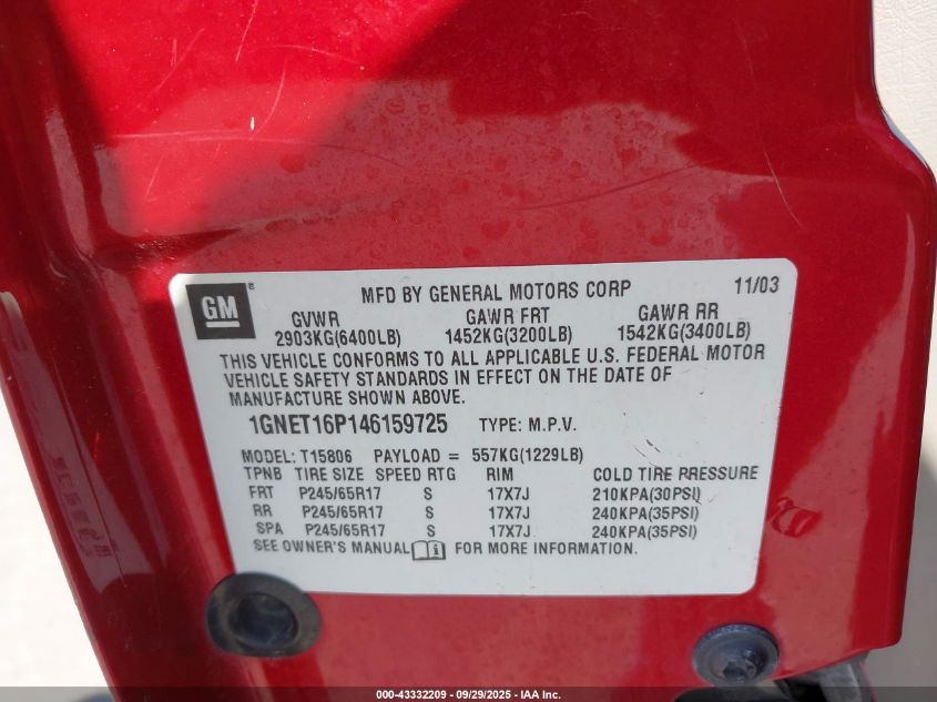 2004 Chevrolet Trailblazer Ext Lt VIN: 1GNET16P146159725 Lot: 43332209