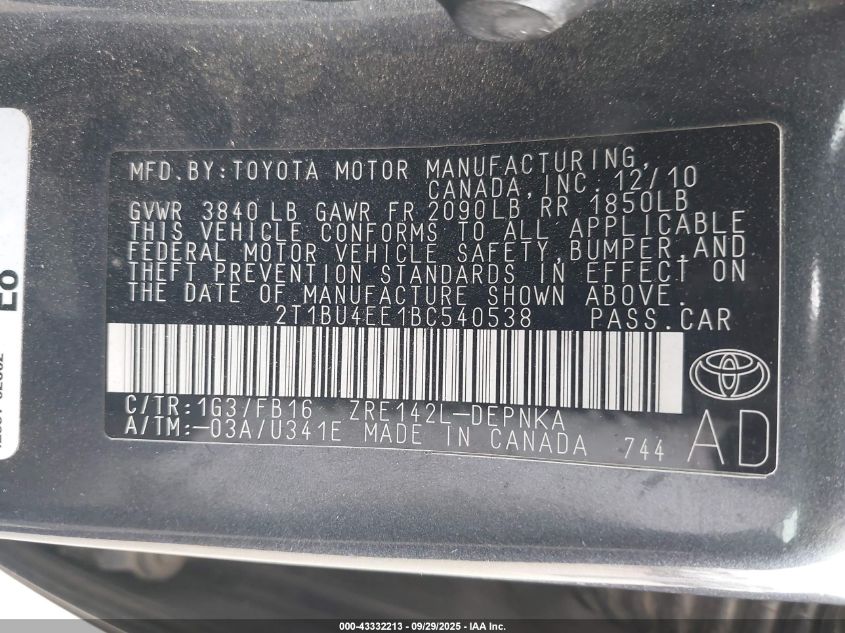 2011 Toyota Corolla Le VIN: 2T1BU4EE1BC540538 Lot: 43332213