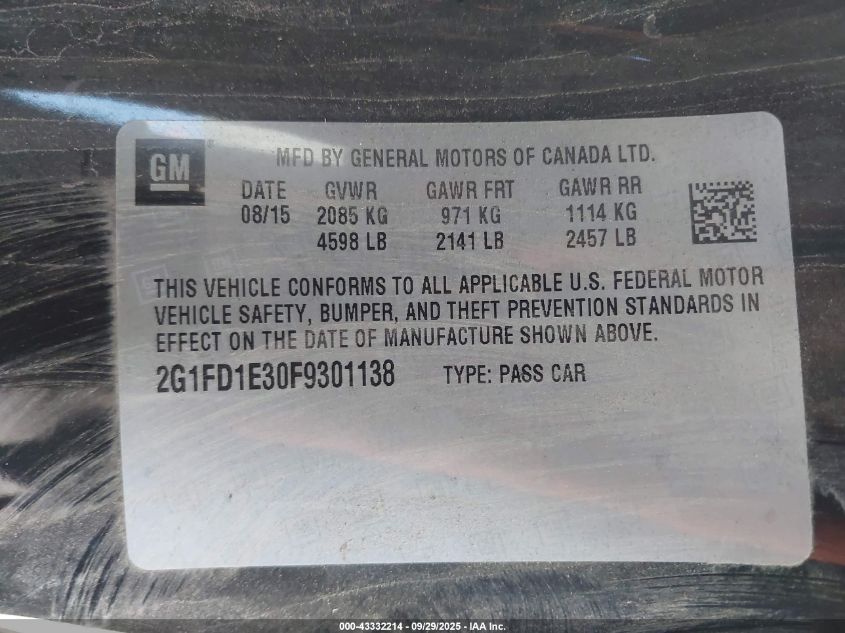 2015 Chevrolet Camaro 1Lt VIN: 2G1FD1E30F9301138 Lot: 43332214