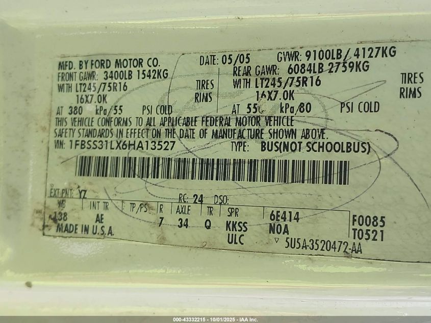 2011 Ford E-250 Commercial VIN: 1FTNS2EW3BDA34387 Lot: 43332215