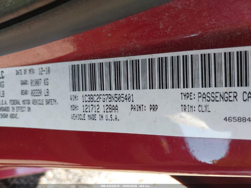 2011 Chrysler 200 Limited VIN: 1C3BC2FG7BN505401 Lot: 43332218