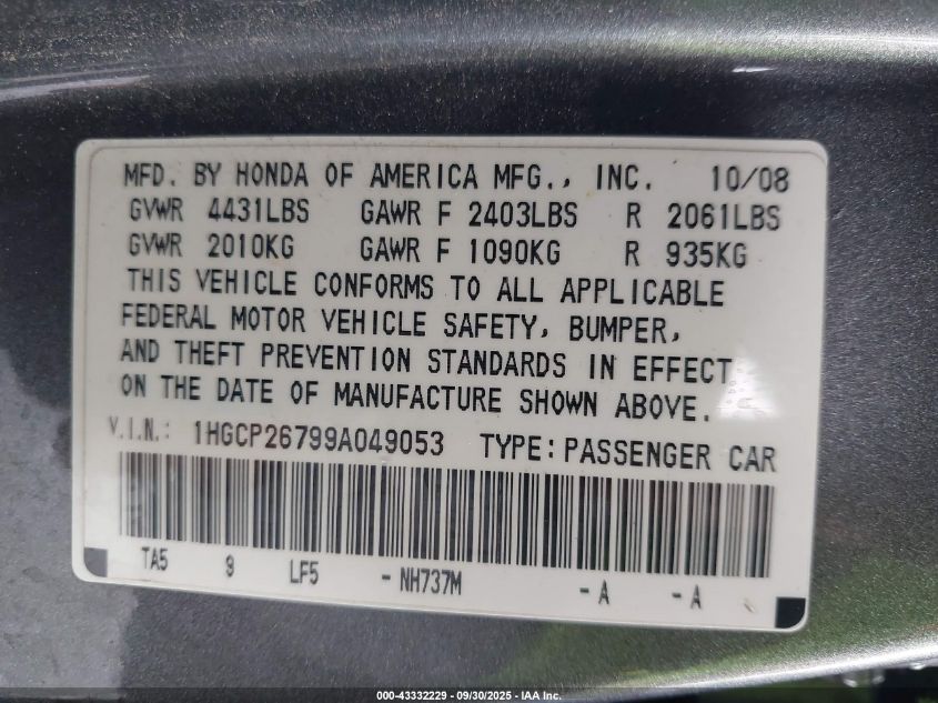 2009 Honda Accord 2.4 Ex VIN: 1HGCP26799A049053 Lot: 43332229