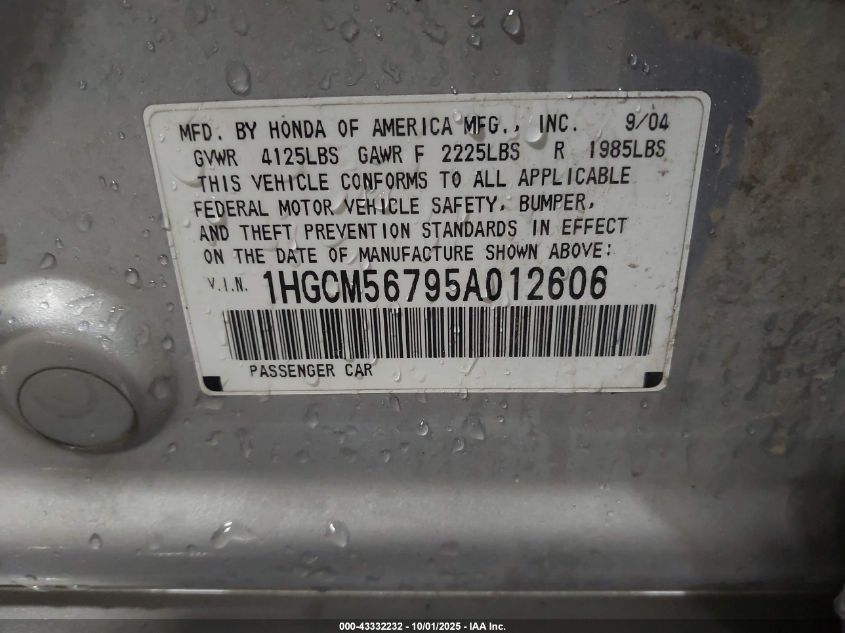 2005 Honda Accord 2.4 Ex VIN: 1HGCM56795A012606 Lot: 43332232