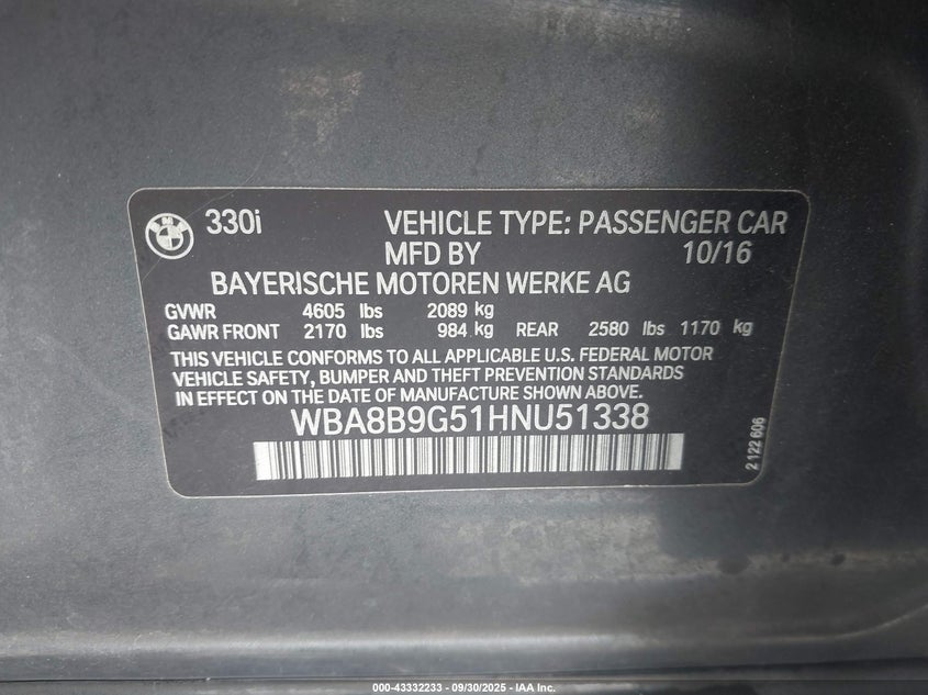 2017 BMW 330I WBA8B9G51HNU51338