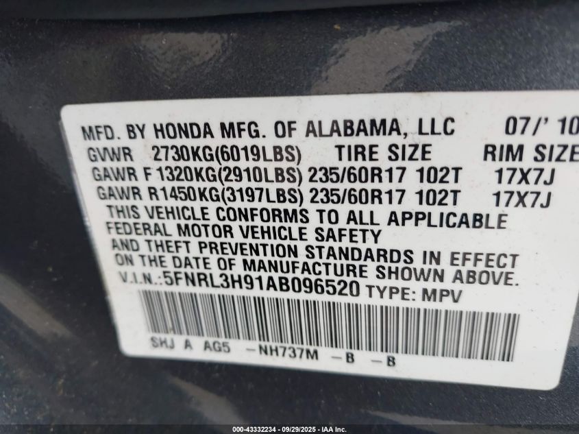 2010 Honda Odyssey Touring VIN: 5FNRL3H91AB096520 Lot: 43332234