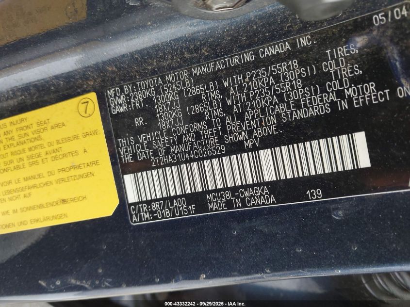 2004 Lexus Rx 330 VIN: 2T2HA31U44CO26529 Lot: 43332242